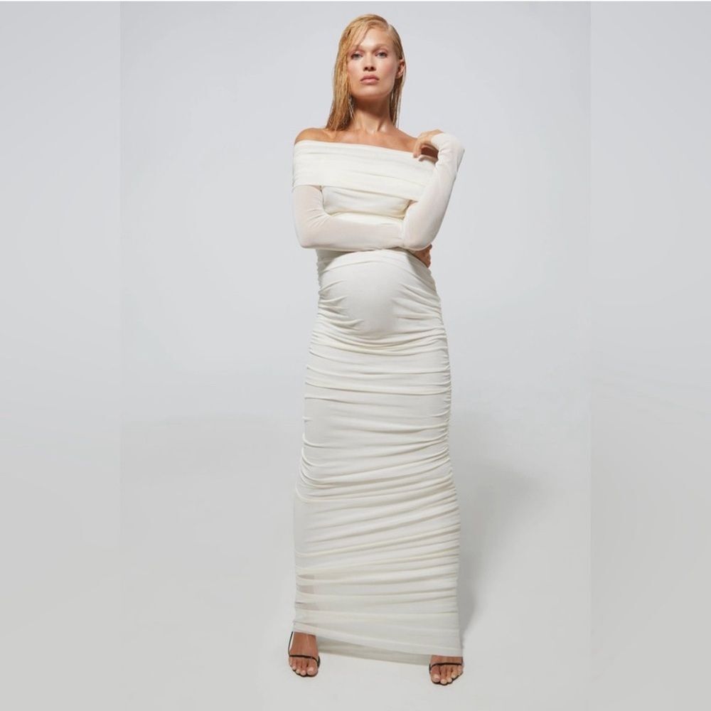 BUMPSUIT NEW Off The Shoulder Soft Mesh Maternity Dress in Ivory size Small